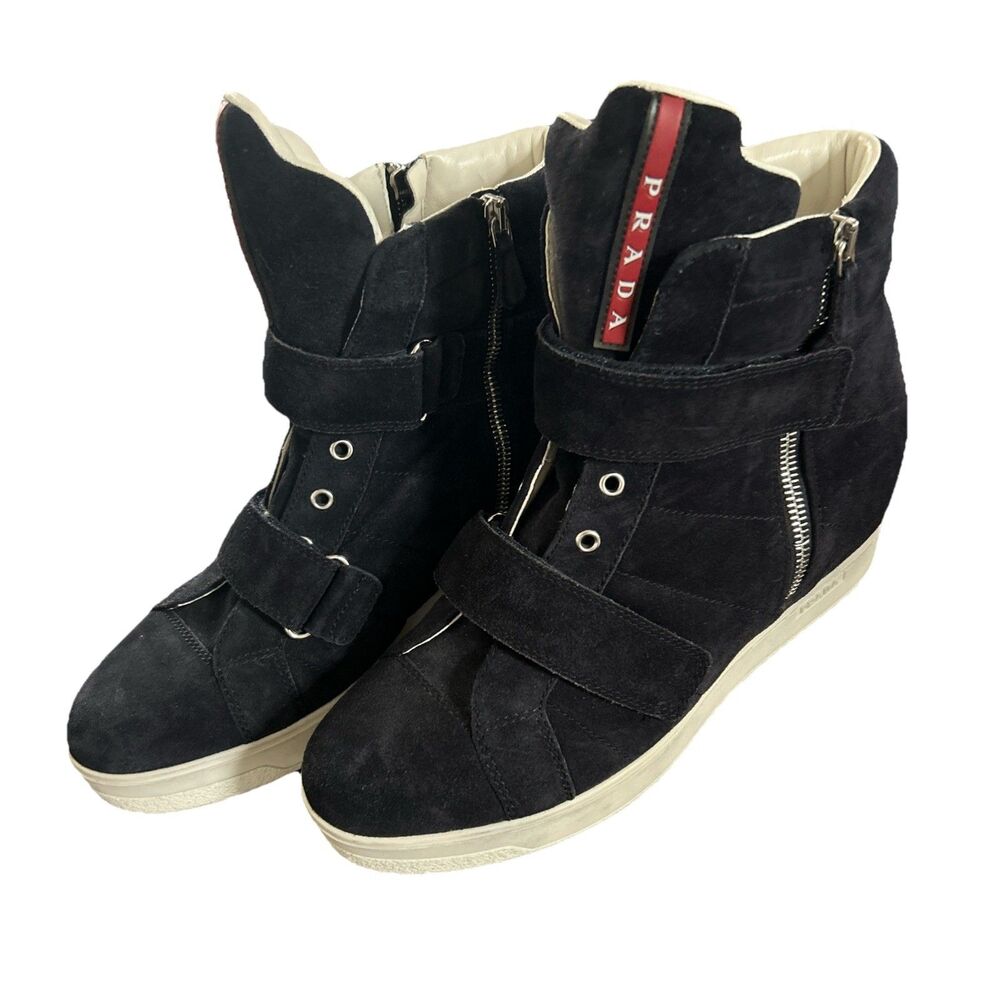Prada Womens Black Suede 1” Heel Zip Up Wedge High Top Sneaker Boots 40 EU 10 US - Picture 2 of 14